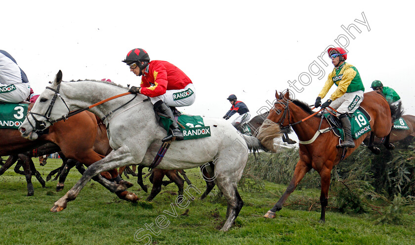 Mystifiable-0001 
 MYSTIFIABLE (Paddy Brennan) leads SHANAHAN'S TURN (right) Aintree 13 Apr 2018 - Pic Steven Cargill / Racingfotos.com