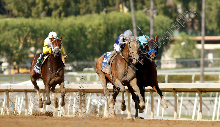 Cody s-Wish-0007 
 CODY'S WISH (centre, Junior Alvarado) beats NATIONAL TREASURE (right, Flavien Prat) in The Breeders' Cup Dirt Mile
Santa Anita 4 Nov 2023 - Pic Steven Cargill / Racingfotos.com