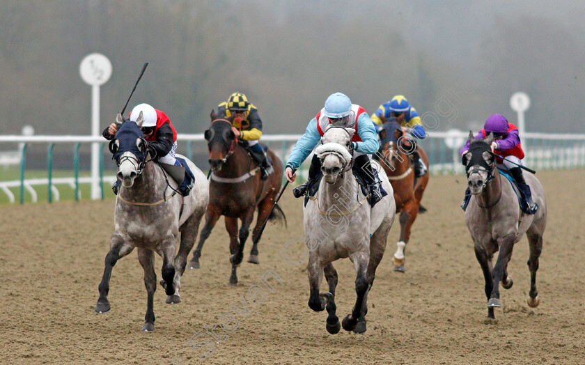 Theygreyvtrain-0003 
 THEGREYVTRAIN (centre, Richard Kingscote) beats LORNA COLE (left) in The Betway Classified Stakes
Lingfield 25 Jan 2022 - Pic Steven Cargill / Racingfotos.com