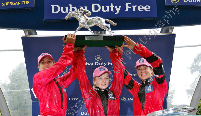 Shergar-Cup-Winners-0007 
 Presentation of the Dubai Duty Free Shergar Cup to the Girls Team, Josephine Gordon, Hollie Doyle and Hayley Turner
Ascot 11 Aug 2018 - Pic Steven Cargill / Racingfotos.com