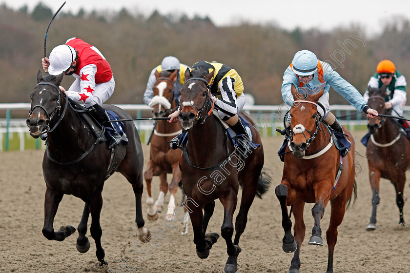 Soldier-On-Parade-0003 
 SOLDIER ON PARADE (centre, Gabriele Malune) beats JEN'S FELLA (right) and IVAQUESTION (left) in The Betway Casino Handicap
Lingfield 19 Feb 2021 - Pic Steven Cargill / Racingfotos.com