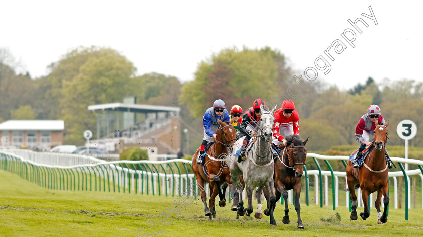 Pretty-Jewel-0003 
 LADY BERGAMOT (left, George Wood) and VILLETTE (right) lead the field during The Peter Symonds Catering Fillies Handicap won by PRETTY JEWEL (blue, Luke Catton) Salisbury 30 Apr 2018 - Pic Steven Cargill / Racingfotos.com