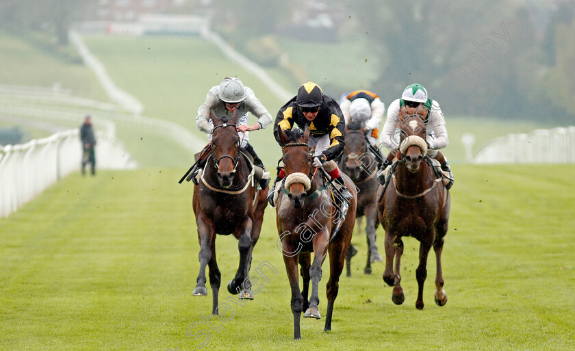 Rayna s-World-0003 
 RAYNA'S WORLD (centre, Jimmy Quinn) beats KING'S PROCTOR (left) and DUBAI EMPIRE (right) in The Toteexacta Handicap Leicester 28 Apr 2018 - Pic Steven Cargill / Racingfotos.com