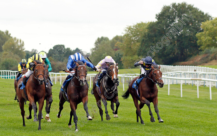 Ikhtiraaq-0003 
 IKHTIRAAQ (2nd left, Jim Crowley) beats AKHU NAJLA (left) and KNIGHT OF HONOUR (right) in The British EBF Novice Stakes Div1
Leicester 12 Oct 2021 - Pic Steven Cargill / Racingfotos.com