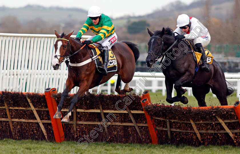 Apple s-Shakira-0006 
 APPLE'S SHAKIRA (left, Barry Geraghty) beats NUBE NEGRA (right) in The JCB Triumph Trial Juvenile Hurdle Cheltenham 16 Dec 2017 - Pic Steven Cargill / Racingfotos.com