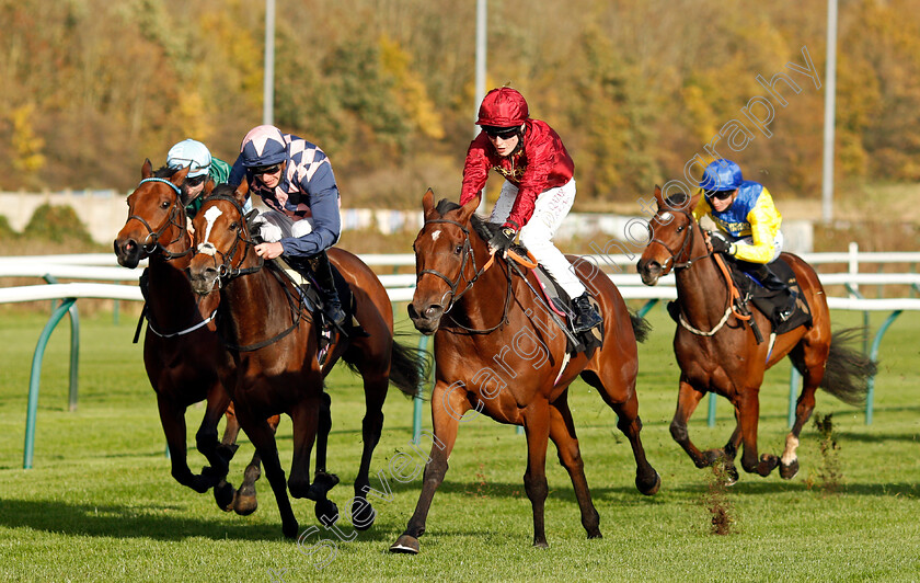 Twisted-Reality-0004 
 TWISTED REALITY (centre, Cieren Fallon) beats DANCING TO WIN (2nd left) in The Play 3-2-Win At Mansionbet EBF Maiden Fillies Stakes Div 2
Nottingham 4 Nov 2020 - Pic Steven Cargill / Racingfotos.com