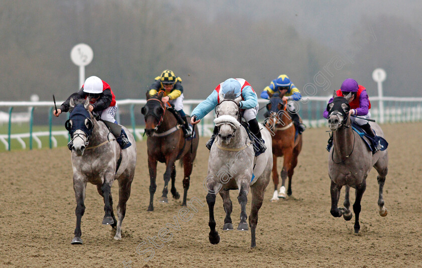 Theygreyvtrain-0004 
 THEGREYVTRAIN (centre, Richard Kingscote) beats LORNA COLE (left) in The Betway Classified Stakes
Lingfield 25 Jan 2022 - Pic Steven Cargill / Racingfotos.com