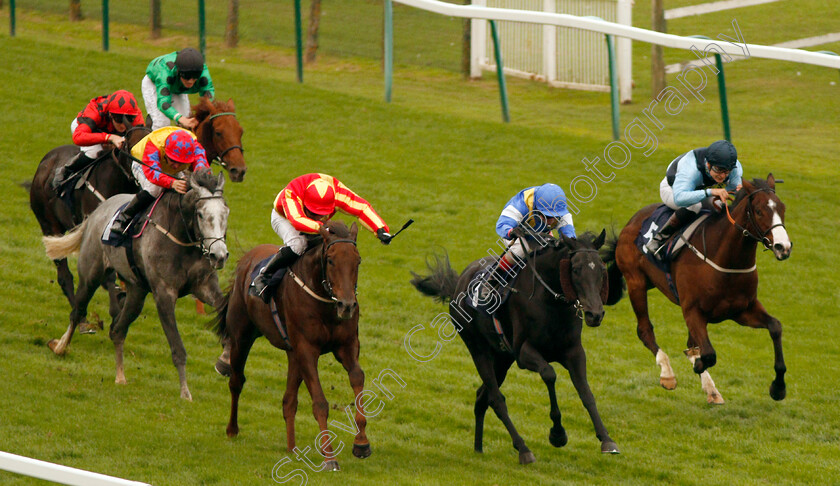 Harlequin-Rock-0002 
 HARLEQUIN ROCK (2nd right, Franny Norton) beats HARRY BEAU (left) and COVERHAM (right) in The Great Yarmouth & Caister Golf Club Mechants Gallop Handicap Div1 Yarmouth 16 Oct 2017 - Pic Steven Cargill / Racingfotos.com