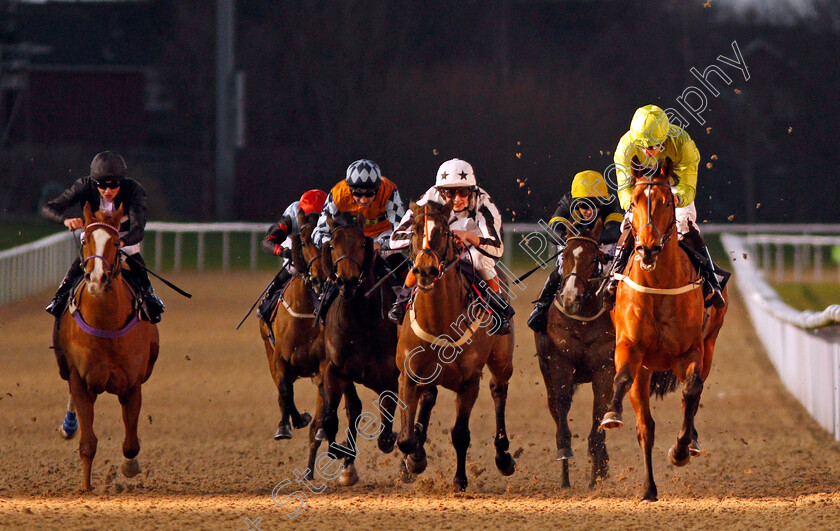 Snaffled-0004 
 SNAFFLED (right, Sean Levey) beats TAKEONEFORTHETEAM (centre) in The 32Red Casino Handicap Wolverhampton 15 Jan 2018 - Pic Steven Cargill / Racingfotos.com