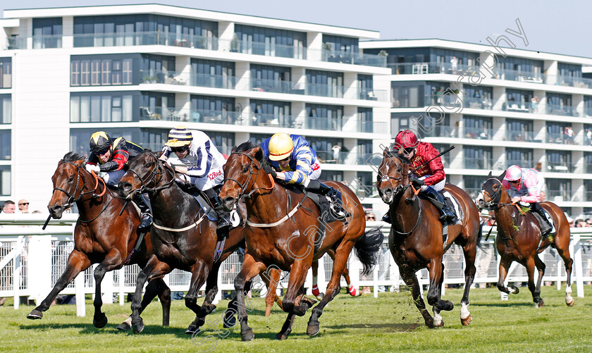 Gracious-John-0001 
 GRACIOUS JOHN (centre, Fran Berry) beats ORVAR (2nd left) GLOBAL APPLAUSE (left) and BLUE DE VEGA (right) in The Dubai Duty Free Handicap Newbury 20 Apr 2018 - Pic Steven Cargill / Racingfotos.com