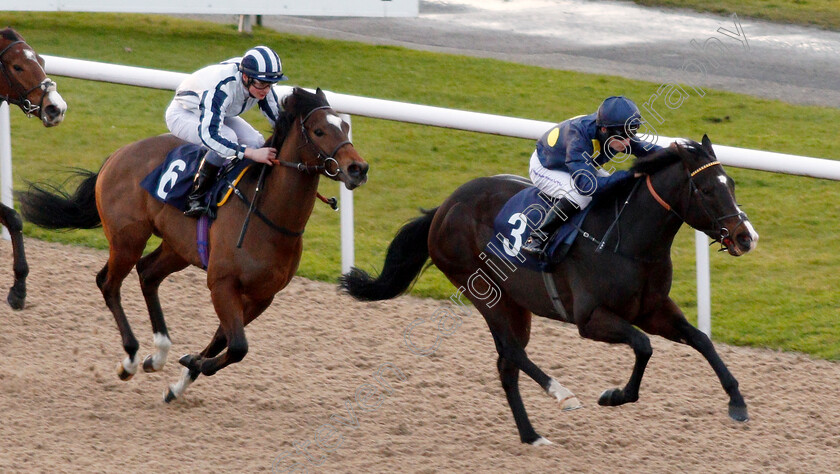 Breathless-Times-0004 
 BREATHLESS TIMES (Adam McNamara) beats GRANDFATHER TOM (left) in The Betway Novice Stakes Wolverhampton 4 Jan 2018 - Pic Steven Cargill / Racingfotos.com