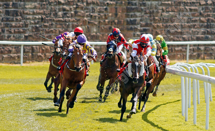 Showalong-0001 
 SHOWALONG (red cap,obscured, David Allan) chases FIRST COMPANY (left) and CUBAN BREEZE (right) on his way to winning The tote+ At tote.co.uk Handicap
Chester 5 May 2021 - Pic Steven Cargill / Racingfotos.com