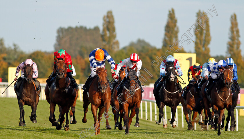 Warsaw-Road-0001 
 WARSAW ROAD (3rd left, Jamie Spencer) beats ESPRIT DE CORPS (2nd left) and KILLAY (right) in The Heatherwold Stud Handicap Newbury 23 Sep 2017 - Pic Steven Cargill / Racingfotos.com