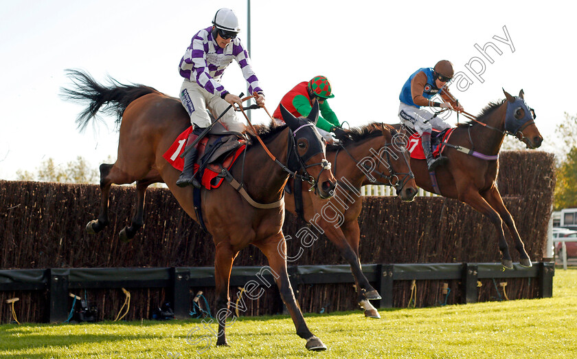 Oliver s-Hill-0004 
 OLIVER'S HILL (right, Aidan Coleman) beats MARRACUDJA (left) and WORKBENCH (centre) in The Smarter Bets With Matchbook Handicap Chase Kempton 22 Oct 2017 - Pic Steven Cargill / Racingfotos.com