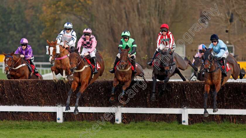 Mount-Tempest-0007 
 winner MOUNT TEMPEST (right, Harry Skelton) ver the first fence with WILL STING (2nd right) KOTMASK (centre) FAST BUCK (3rd left) GREENROCK ABBEY (2nd left) and DREAMS OF HOME (left) in The Best Odds On The Betfair Exchange Handicap Chase
Sandown 8 Dec 2023 - pic Steven Cargill / Racingfotos.com