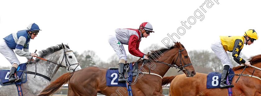 Estrela-Star-0002 
 ESTRELA STAR (centre, Kieran O'Neill) on his way to winning The Play 4 To Score At Betway Handicap with Callum Shepherd (right) and Liam Keniry (left)
Lingfield 14 Feb 2020 - Pic Steven Cargill / Racingfotos.com