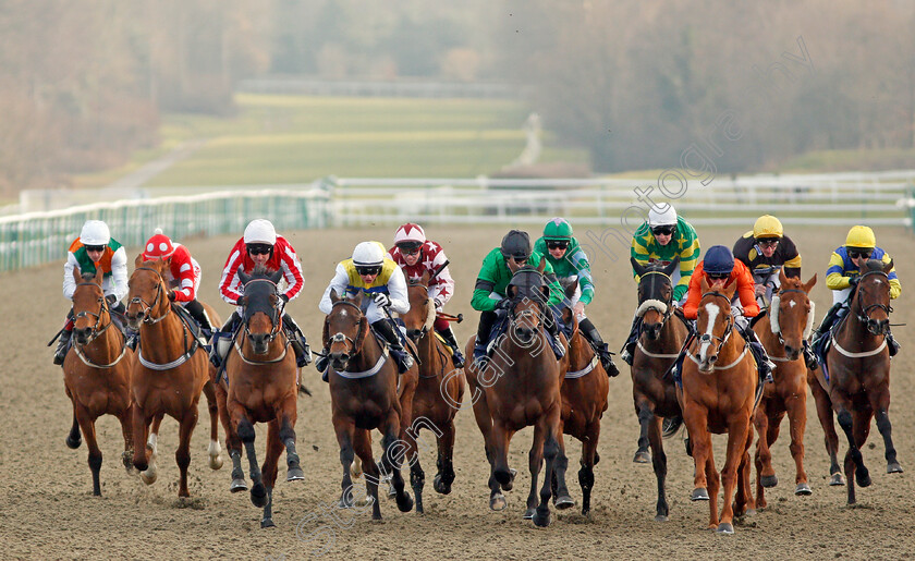 Eljaddaaf-0002 
 ELJADDAAF (3rd left, Robert Winston) beats MICKEY (centre) and OUTER SPACE (4th left) in The Play Starburst Slot At sunbets.co.uk/vegas Handicap Lingfield 23 Feb 2018 - Pic Steven Cargill / Racingfotos.com