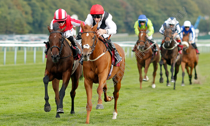 Leitzel-0002 
 LEITZEL (centre, Daniel Tudhope) beats DOUBLE MARCH (left) in The British Stallion Studs EBF Fillies Novice Stakes
Haydock 2 Sep 2022 - Pic Steven Cargill / Racingfotos.com