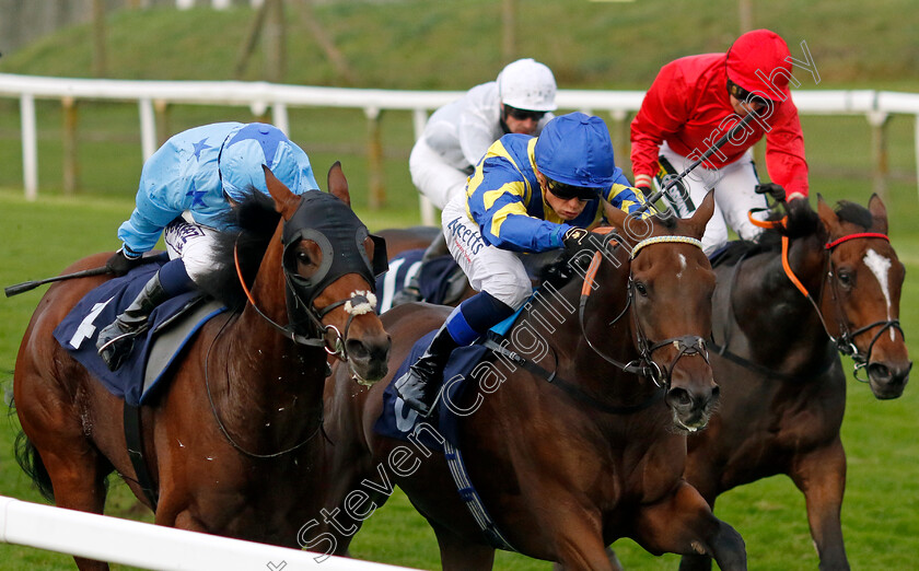 Forward-Flight-0003 
 FORWARD FLIGHT (centre, Benoit de la Sayette) beats DREAM PIRATE (left) in The Great Prices On Bresbet.com Handicap
Yarmouth 16 Oct 2023 - Pic Steven Cargill / Racingfotos.com