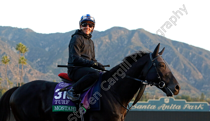 Mostahdaf-0004 
 MOSTAHDAF (Jim Crowley) training for the Breeders' Cup Turf
Santa Anita USA, 1 Nov 2023 - Pic Steven Cargill / Racingfotos.com