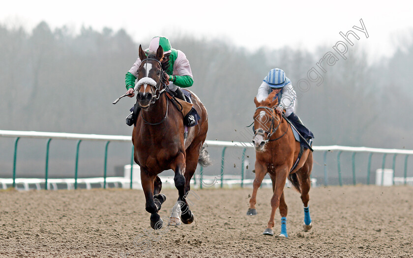 Lady-Perignon-0003 
 LADY PERIGNON (Jason Watson) beats MISSISSIPPI MISS (right) in The 32Red.com Fillies Handicap Lingfield 13 Jan 2018 - Pic Steven Cargill / Racingfotos.com