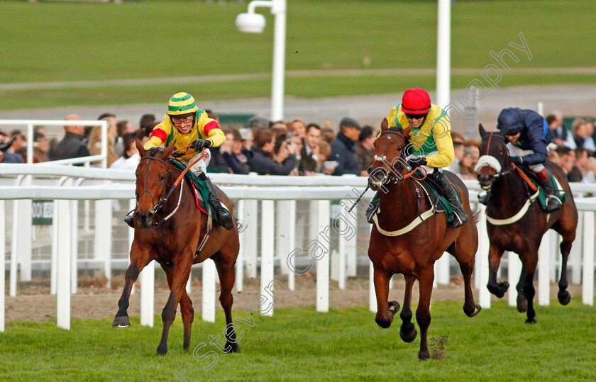 Herecomestheboom-0001 
 HERECOMESTHEBOOM (left, Paddy Brennan) beats AINCHEA (centre) in The Jockey Club Venues Standard Open National Hunt Flat Race Cheltenham 28 Oct 2017 - Pic Steven Cargill / Racingfotos.com