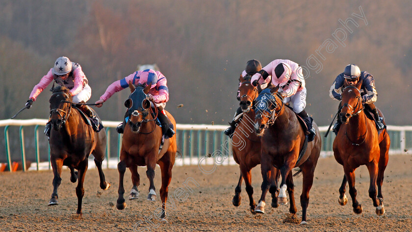 Unit-Of-Assessment-0002 
 UNIT OF ASSESSMENT (2nd left, Adam Kirby) beats BAN SHOOF (2nd right) and MUSIC MAJOR (left) in The Betway Live Casino Handicap Handicap Lingfield 24 Feb 2018 - Pic Steven Cargill / Racingfotos.com