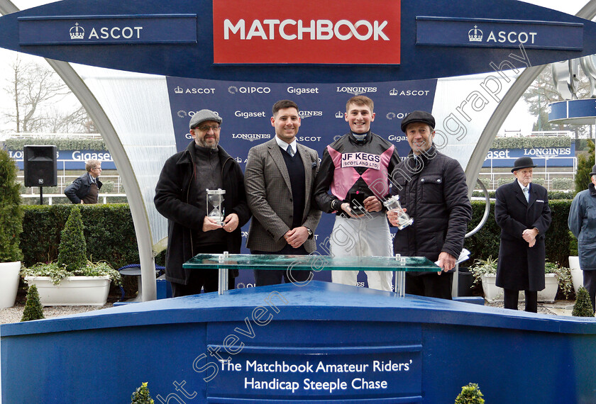 Blue-Flight-0013 
 Presentation to Carl Llewellyn and Zac Baker for The Matchbook Amateur Riders Handicap Chase won by BLUE FLIGHT
Ascot 19 Jan 2019 - Pic Steven Cargill / Racingfotos.com