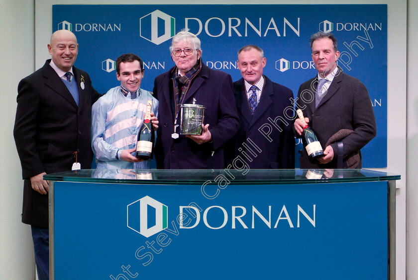 Summerville-Boy-0011 
 Presentation to Roger Brookhouse, Tom George and Jonathan Burke for The Dornan Engineering Relkeel Hurdle won by SUMMERVILLE BOY
Cheltenham 1 Jan 2020 - Pic Steven Cargill / Racingfotos.com