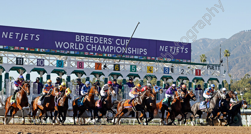 Just-F-Y-I-0007 
 JUST F Y I (left, Junior Alvorado) breaks with the field before winning The Breeders' Cup Juvenile Fillies
Santa Anita 3 Nov 2023 - Pic Steven Cargill / Racingfotos.com