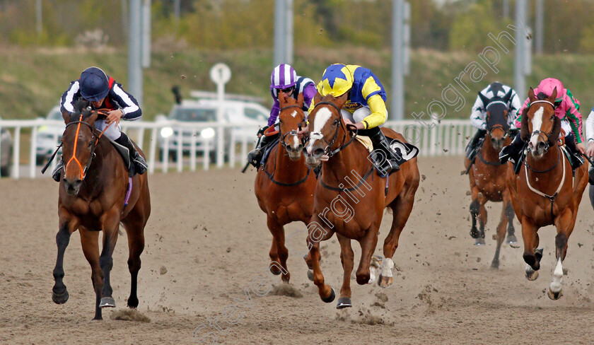 Happy-Romance-0005 
 HAPPY ROMANCE (left, Sean Levey) beats CHOCOYA (centre) in The Chelmer Fillies Stakes
Chelmsford 29 Apr 2021 - Pic Steven Cargill / Racingfotos.com