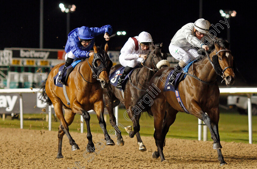 Never-Alone-0005 
 NEVER ALONE (left, Luke Morris) beats KING OF ARMS (right) in The Ladbrokes Football Acca Boosty Handicap
Wolverhampton 21 Feb 2020 - Pic Steven Cargill / Racingfotos.com