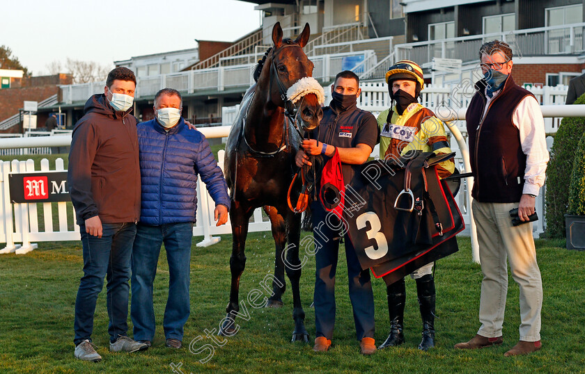 Made-For-You-0006 
 MADE FOR YOU (Fergus Gregory) with Olly Murphy after The Mansionbet Live Casino Cashback Conditional Jockeys Handicap Hurdle
Market Rasen 19 Apr 2021 - Pic Steven Cargill / Racingfotos.com