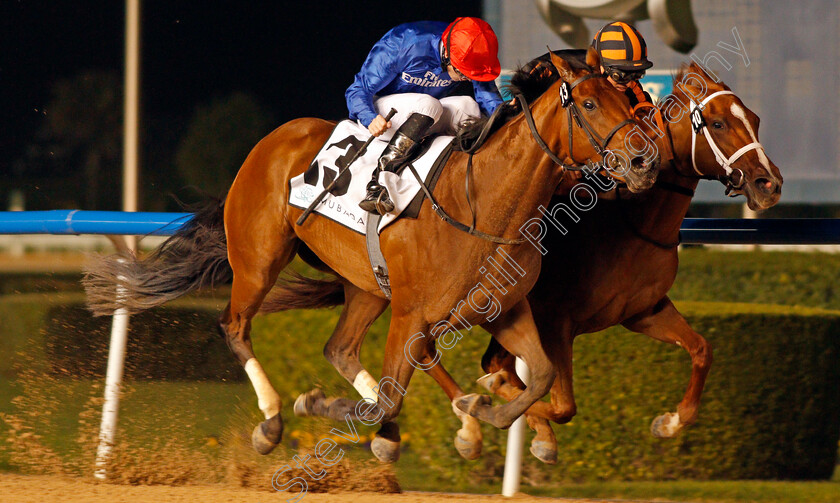 Winter-Lightning-0006 
 WINTER LIGHTNING (left, Pat Cosgrave) beats RAYYA (right) in The UAE 1000 Guineas Trial Meydan 18 Jan 2018 - Pic Steven Cargill / Racingfotos.com