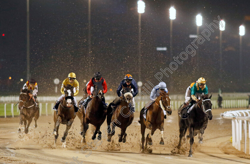 Meydan-0001 
 Into the first bend (right to left);
PREVENT, BOOK REVIEW, QUALITY HUMOR, LEGIONARIO and PITCHER'S POINT
Meydan 27 Jan 2023 - Pic Steven Cargill / Racingfotos.com