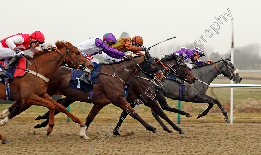 Porrima-0003 
 PORRIMA (right, Luke Morris) beats L'AGE D'OR (2nd right) TAWAAFOQ (2nd left) and CATHEADANS FURY (left) in The Betway Maiden Stakes Lingfield 3 Mar 2018 - Pic Steven Cargill / Racingfotos.com