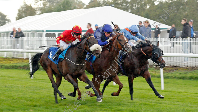 Emjaytwentythree-0002 
 EMJAYTWENTYTHREE (left, Kieran O'Neill) beats MAYSONG (centre, William Buick) and KEEP RIGHT ON (right) in The Bet At racingtv.com Selling Stakes
Leicester 12 Oct 2021 - Pic Steven Cargill / Racingfotos.com