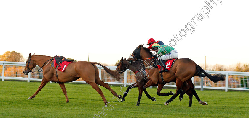 Houblon-Des-Obeaux-0001 
 HOUBLON DES OBEAUX (red, Charlie Deutsch) beats THIRD INTENTION (green) as DOUBLE ROSS runs loose in The188bet.co.uk Veterans' Handicap Chase Sandown 12 Nov 2017 - Pic Steven Cargill / Racingfotos.com