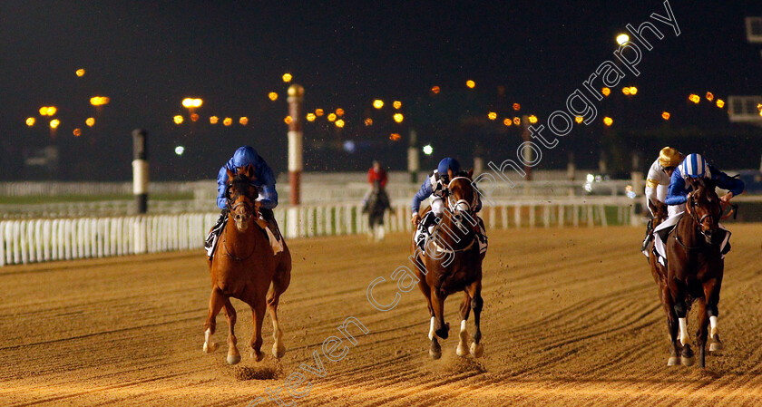 Comicas-0003 
 COMICAS (left, William Buick) beats MY CATCH (centre) in The Dubawi Stakes Meydan 18 Jan 2018 - Pic Steven Cargill / Racingfotos.com