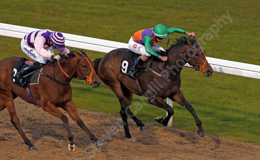 Episcia-0004 
 EPISCIA (right, Aaron Jones) beats GHEPARDO (left) in The Bet toteJackpot At betfred.com Novice Auction Stakes Chelmsford 26 Sep 2017 - Pic Steven Cargill / Racingfotos.com