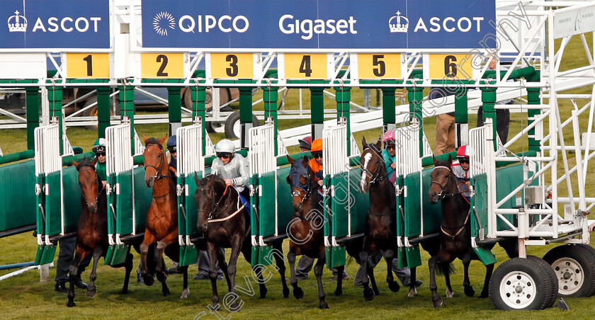 Raheen-House-0001 
 RAHEEN HOUSE (left, Jamie Spencer) breaks from the stalls before beating WEEKENDER (stall 5) in The Londonmetric Noel Murless Stakes Ascot 6 Oct 2017 - Pic Steven Cargill / Racingfotos.com