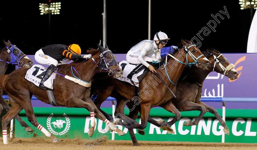 Mayaadeen-0004 
 MAYAADEEN (farside, Jim Crowley) beats MAPLEWOOD (centre) and ROCK THE BARZAH (left) in Lincoln Handicap
Meydan 2 Feb 2024 - Pic Steven Cargill / Racingfotos.com