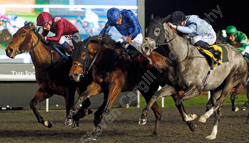 Blue-Trail-0003 
 BLUE TRAIL (centre, James Doyle) beats HARROW (right) and FIND (left) in The Road To The Kentucky Derby Conditions Stakes
Kempton 2 Mar 2022 - Pic Steven Cargill / Racingfotos.com