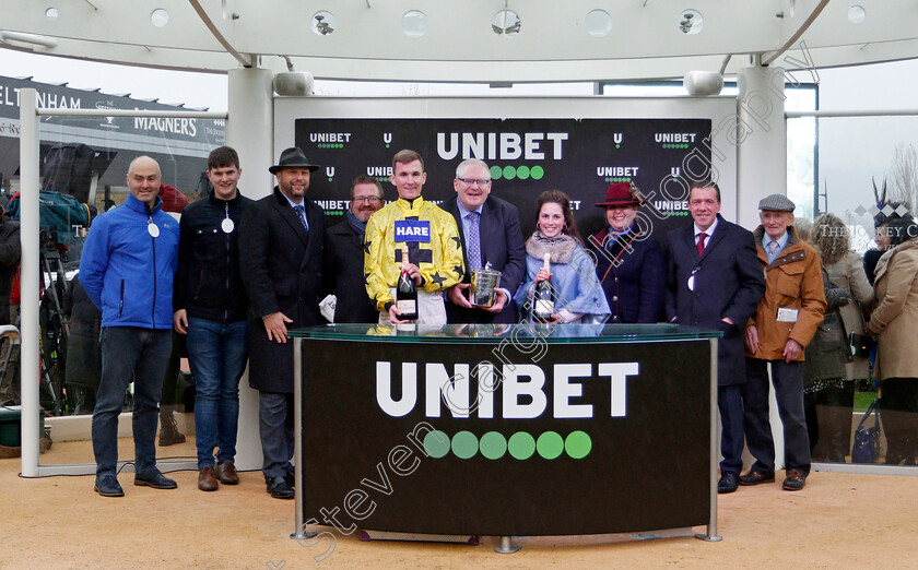 Harambe-0008 
 Presentation to Niall Farrell & Friends, Georgia King and Tom Bellamy for The Unibet Greatwood Hurdle won by HARAMBE
Cheltenham 18 Nov 2019 - Pic Steven Cargill / Racingfotos.com