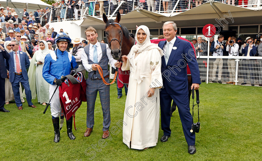 Baaeed-0018 
 BAAEED (Jim Crowley) with Sheikha Hissa and William Haggas after The Qatar Sussex Stakes
Goodwood 27 Jul 2022 - Pic Steven Cargill / Racingfotos.com