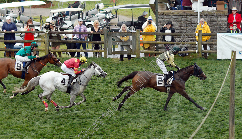 Wigwam-Baby-0006 
 WIGWAM BABY (Aaron Sinnott) beats DOWN ROYAL (grey) in The Margaret Currey Henley Filly & Mare Hurdle
Percy Warner Park, Nashville Tennessee USA, 11 May 2019 - Pic Steven Cargill / Racingfotos.com