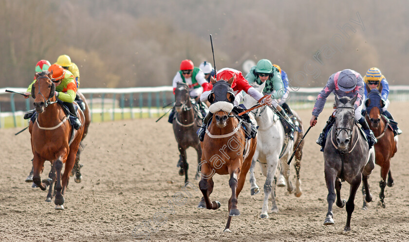 Crimewave-0001 
 CRIMEWAVE (centre, Jack Mitchell) beats ONE TO GO (right) and AGENT OF FORTUNE (left) in The Heed Your Hunch At Betway Handicap
Lingfield 22 Feb 2020 - Pic Steven Cargill / Racingfotos.com