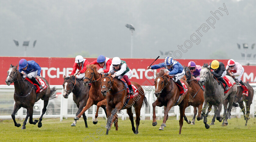 Without-Parole-0001 
 WITHOUT PAROLE (centre, Frankie Dettori) beats GABR (2nd right) and VINTAGER (left) in The Matchbook Is Commission Free Heron Stakes Sandown 24 May 2018 - Pic Steven Cargill / Racingfotos.com