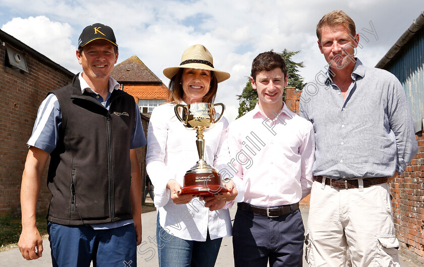 Melbourne-Cup-0001 
 Amanda Elliott and the Melbourne Cup, with jockey Oisin Murphy, trainer Andrew Balding and owners racing manager David Redvers - the connections of horse COUNT OCTAVE
Andrew Balding commented: ‘Likely route will be Lonsdale Stakes or Ebor at York depending on where Sheikh Fahad would like to run with the former being the most likely. Long term aim though is the Lexus Melbourne Cup.’
Kingsclere 16 July 2018 - Pic Steven Cargill