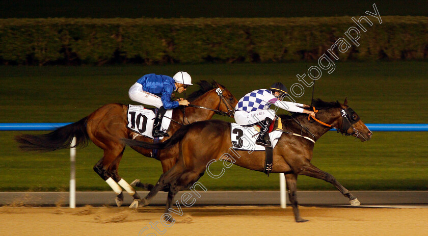 El-Chapo-0008 
 EL CHAPO (Luke Morris) beats RACING COUNTRY (farside) in The UAE 2000 Guineas Trial Div2 Meydan 25 Jan 2018 - Pic Steven Cargill / Racingfotos.com